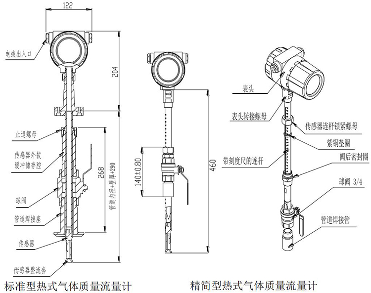 高溫型熱式氣體質(zhì)量流量計插入式結構尺寸圖